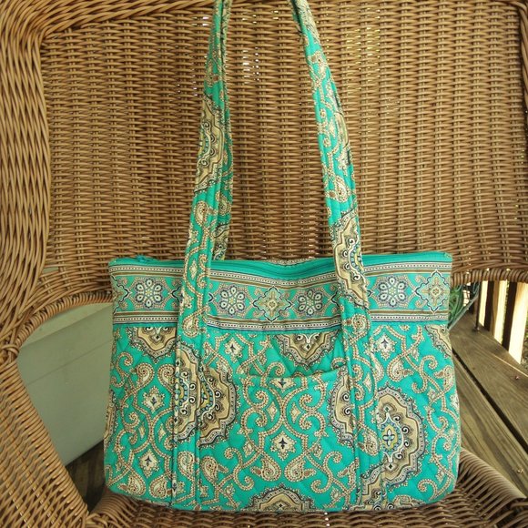 Vera Bradley TOTALLY TURQ  Shoulder Bag Tote Zip Top Purse Turquoise Paisley - Picture 4 of 14